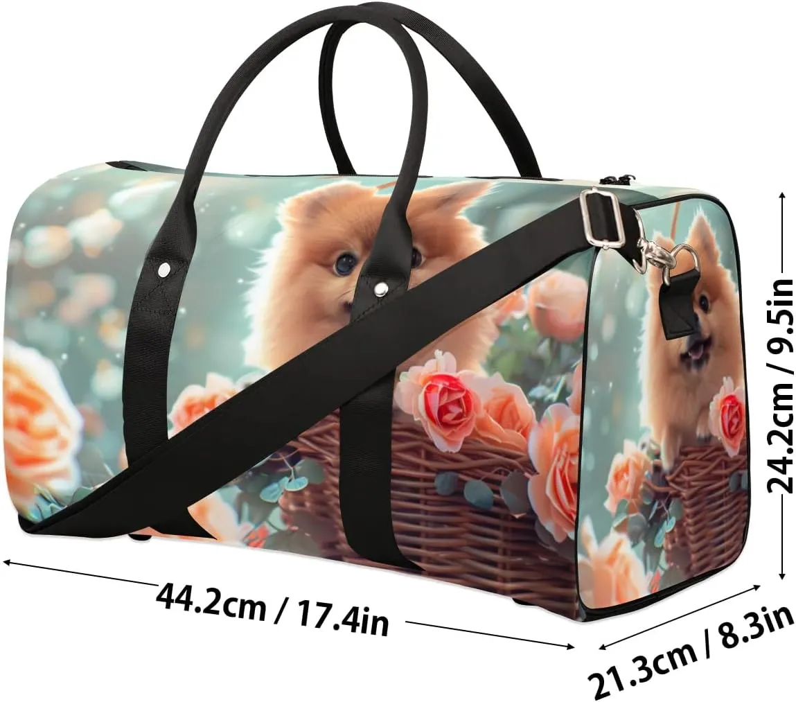 Travel Duffel Bag, Cute Animal Puppy Rose Sports Tote Gym Bag Foldable Western Aztec Weekender Bag Carry on Luggage Handle Bag Overnight Shoulder Bag for Women Men,A-1701