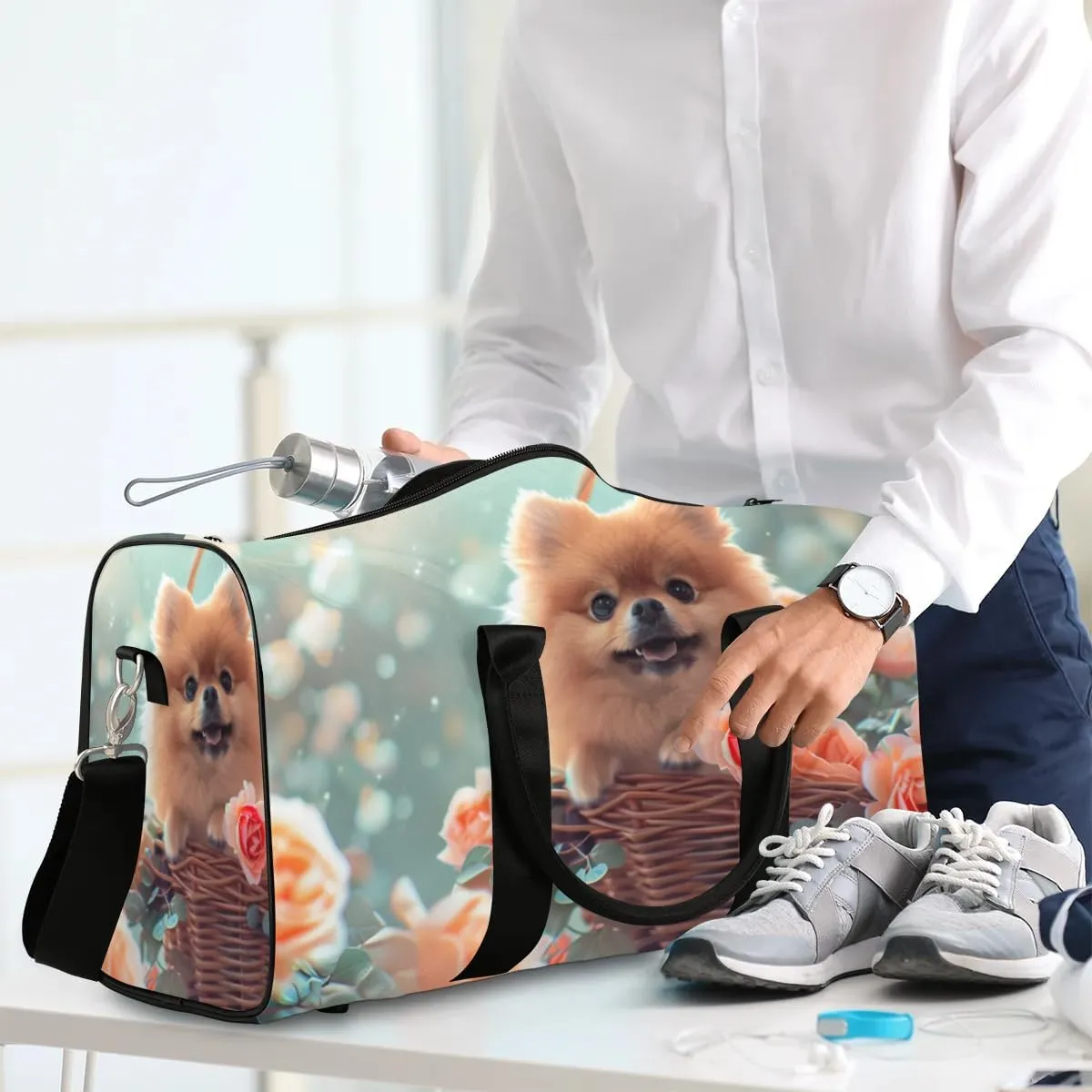 Travel Duffel Bag, Cute Animal Puppy Rose Sports Tote Gym Bag Foldable Western Aztec Weekender Bag Carry on Luggage Handle Bag Overnight Shoulder Bag for Women Men,A-1701
