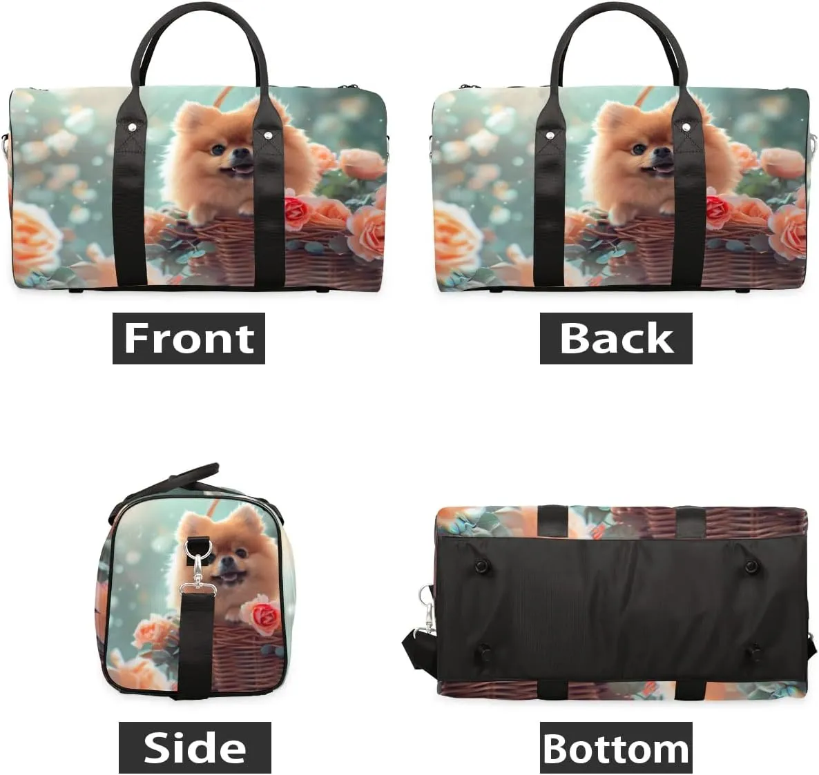 Travel Duffel Bag, Cute Animal Puppy Rose Sports Tote Gym Bag Foldable Western Aztec Weekender Bag Carry on Luggage Handle Bag Overnight Shoulder Bag for Women Men,A-1701