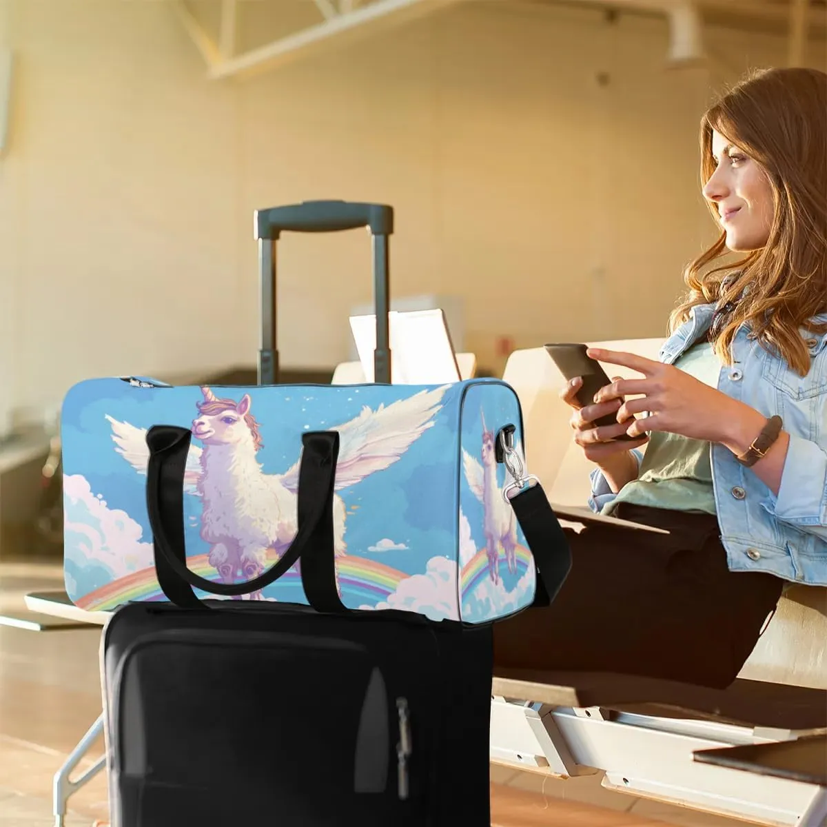 Travel Duffel Bag, Cute Animal Unicorn Alpaca Rainbow Sports Tote Gym Bag Foldable Western Aztec Weekender Bag Carry on Luggage Handle Bag Overnight Shoulder Bag for Women Men,A-1706