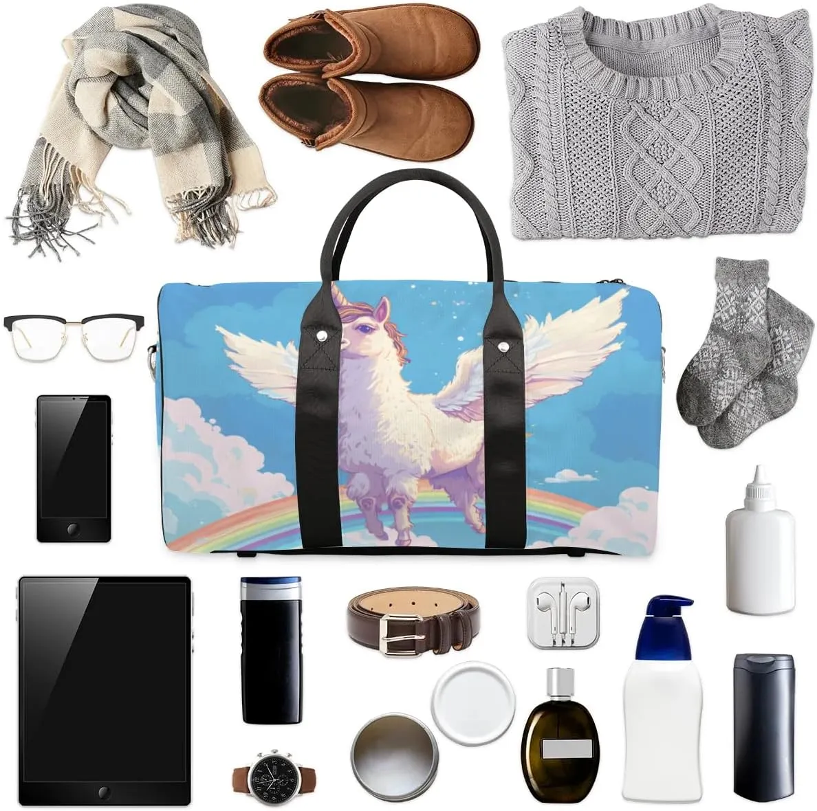 Travel Duffel Bag, Cute Animal Unicorn Alpaca Rainbow Sports Tote Gym Bag Foldable Western Aztec Weekender Bag Carry on Luggage Handle Bag Overnight Shoulder Bag for Women Men,A-1706