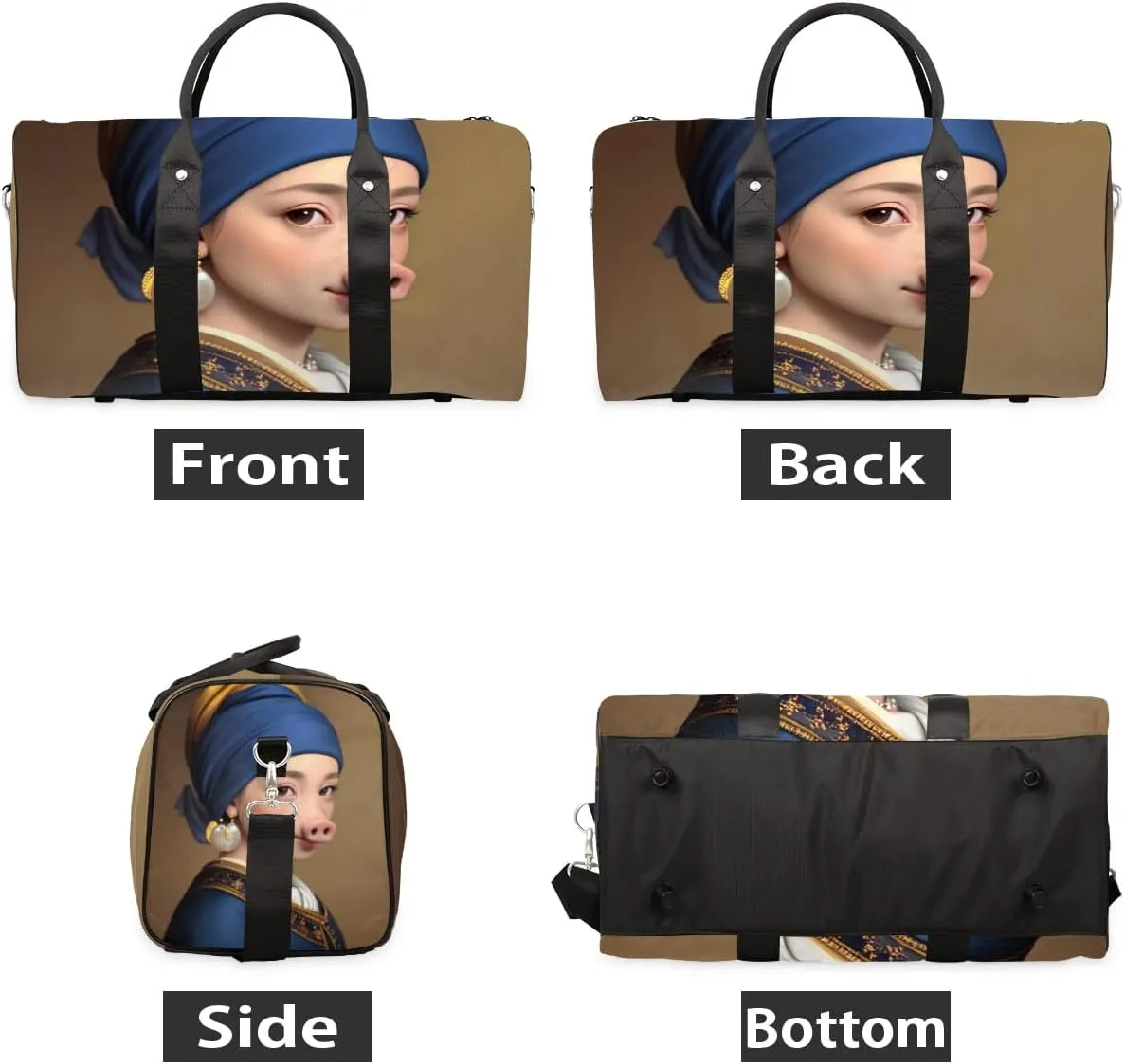 Travel Duffel Bag, Funny Girl With The Pearl Earring Pig Sports Tote Gym Bag Foldable Western Aztec Weekender Bag Carry on Luggage Handle Bag Overnight Shoulder Bag for Women Men,A-244