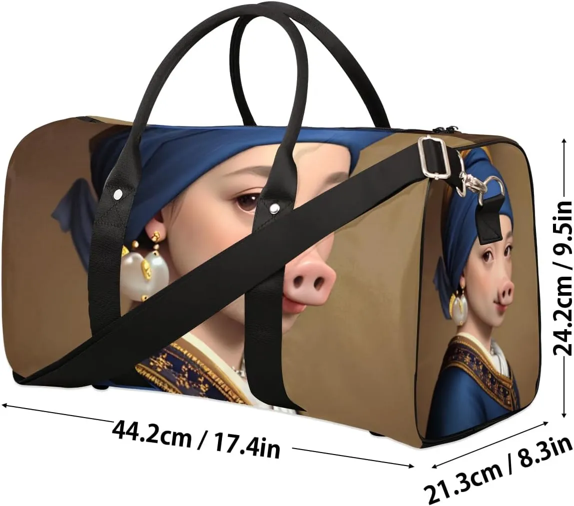 Travel Duffel Bag, Funny Girl With The Pearl Earring Pig Sports Tote Gym Bag Foldable Western Aztec Weekender Bag Carry on Luggage Handle Bag Overnight Shoulder Bag for Women Men,A-244