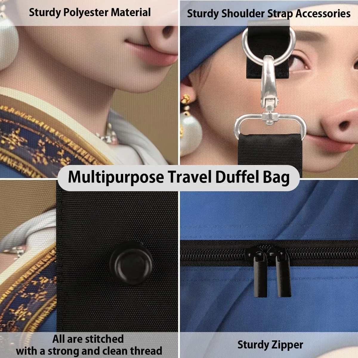 Travel Duffel Bag, Funny Girl With The Pearl Earring Pig Sports Tote Gym Bag Foldable Western Aztec Weekender Bag Carry on Luggage Handle Bag Overnight Shoulder Bag for Women Men,A-244