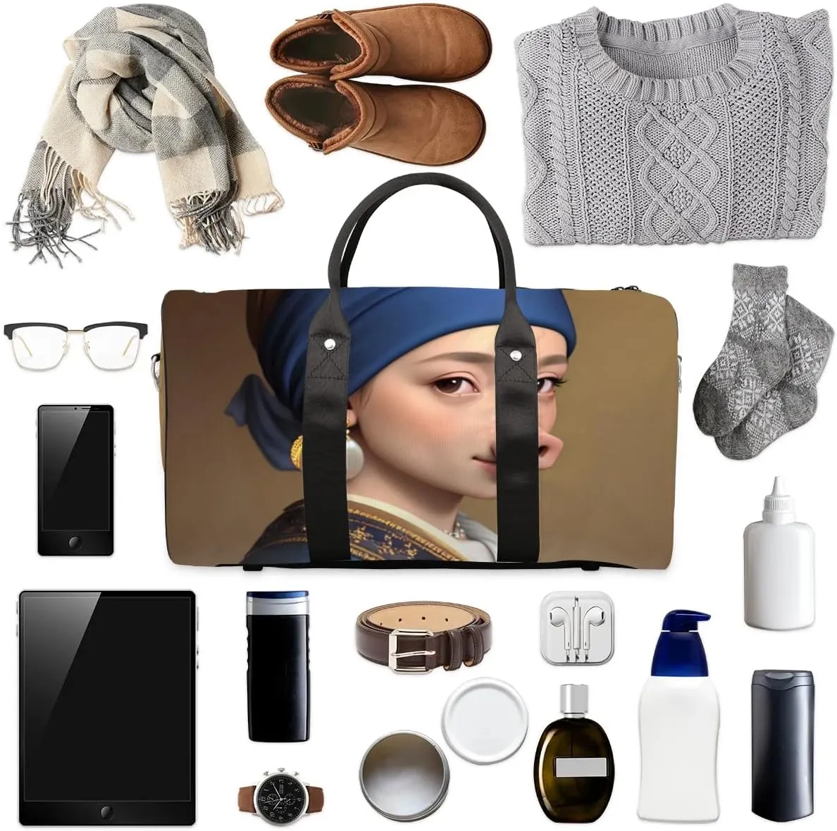 Travel Duffel Bag, Funny Girl With The Pearl Earring Pig Sports Tote Gym Bag Foldable Western Aztec Weekender Bag Carry on Luggage Handle Bag Overnight Shoulder Bag for Women Men,A-244