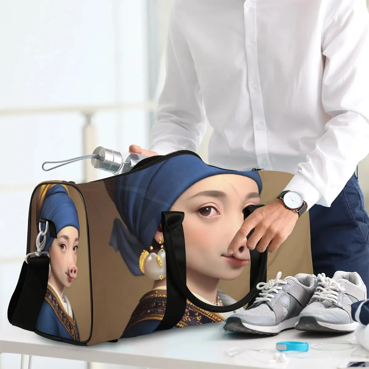 Travel Duffel Bag, Funny Girl With The Pearl Earring Pig Sports Tote Gym Bag Foldable Western Aztec Weekender Bag Carry on Luggage Handle Bag Overnight Shoulder Bag for Women Men,A-244