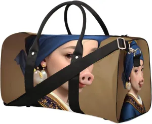 Travel Duffel Bag, Funny Girl With The Pearl Earring Pig Sports Tote Gym Bag Foldable Western Aztec Weekender Bag Carry on Luggage Handle Bag Overnight Shoulder Bag for Women Men,A-244