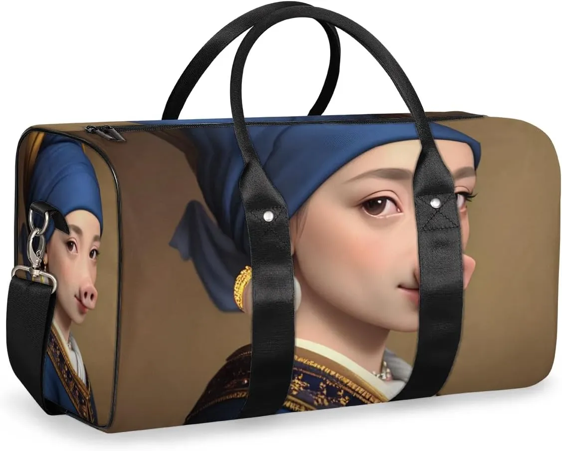 Travel Duffel Bag, Funny Girl With The Pearl Earring Pig Sports Tote Gym Bag Foldable Western Aztec Weekender Bag Carry on Luggage Handle Bag Overnight Shoulder Bag for Women Men,A-244