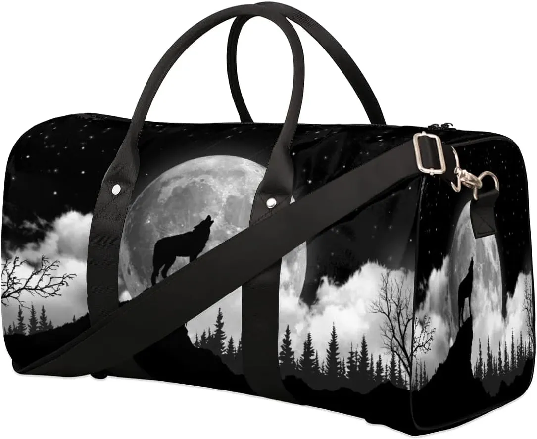 Travel Duffel Bag, Moon Animal Wolf Sports Tote Gym Bag Foldable Weekender Workout Bags Carry on Luggage Handle Overnight Shoulder Bags for Women Men