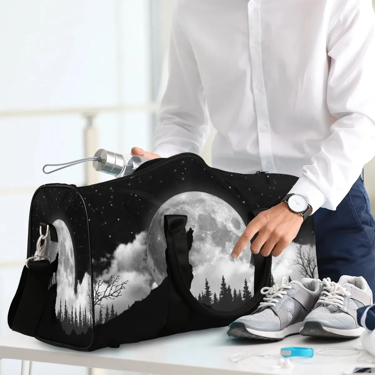 Travel Duffel Bag, Moon Animal Wolf Sports Tote Gym Bag Foldable Weekender Workout Bags Carry on Luggage Handle Overnight Shoulder Bags for Women Men