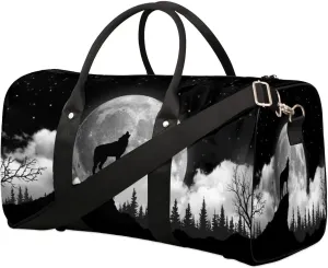 Travel Duffel Bag, Moon Animal Wolf Sports Tote Gym Bag Foldable Weekender Workout Bags Carry on Luggage Handle Overnight Shoulder Bags for Women Men