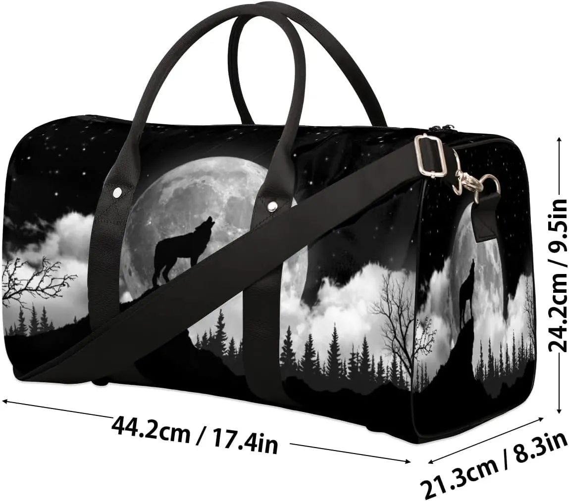 Travel Duffel Bag, Moon Animal Wolf Sports Tote Gym Bag Foldable Weekender Workout Bags Carry on Luggage Handle Overnight Shoulder Bags for Women Men