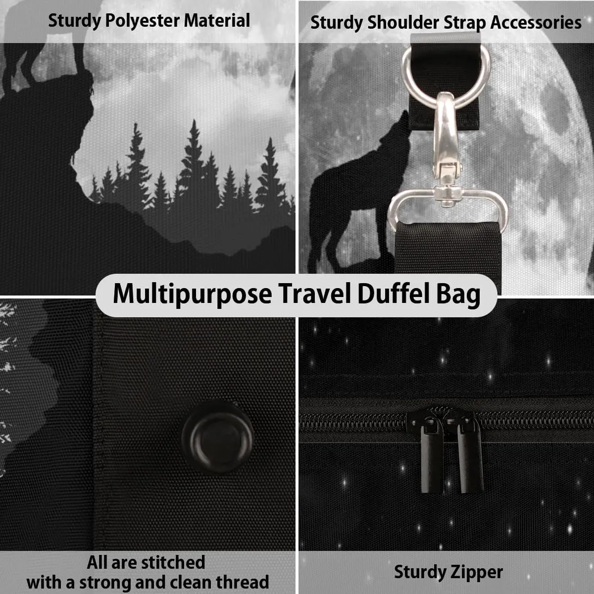 Travel Duffel Bag, Moon Animal Wolf Sports Tote Gym Bag Foldable Weekender Workout Bags Carry on Luggage Handle Overnight Shoulder Bags for Women Men