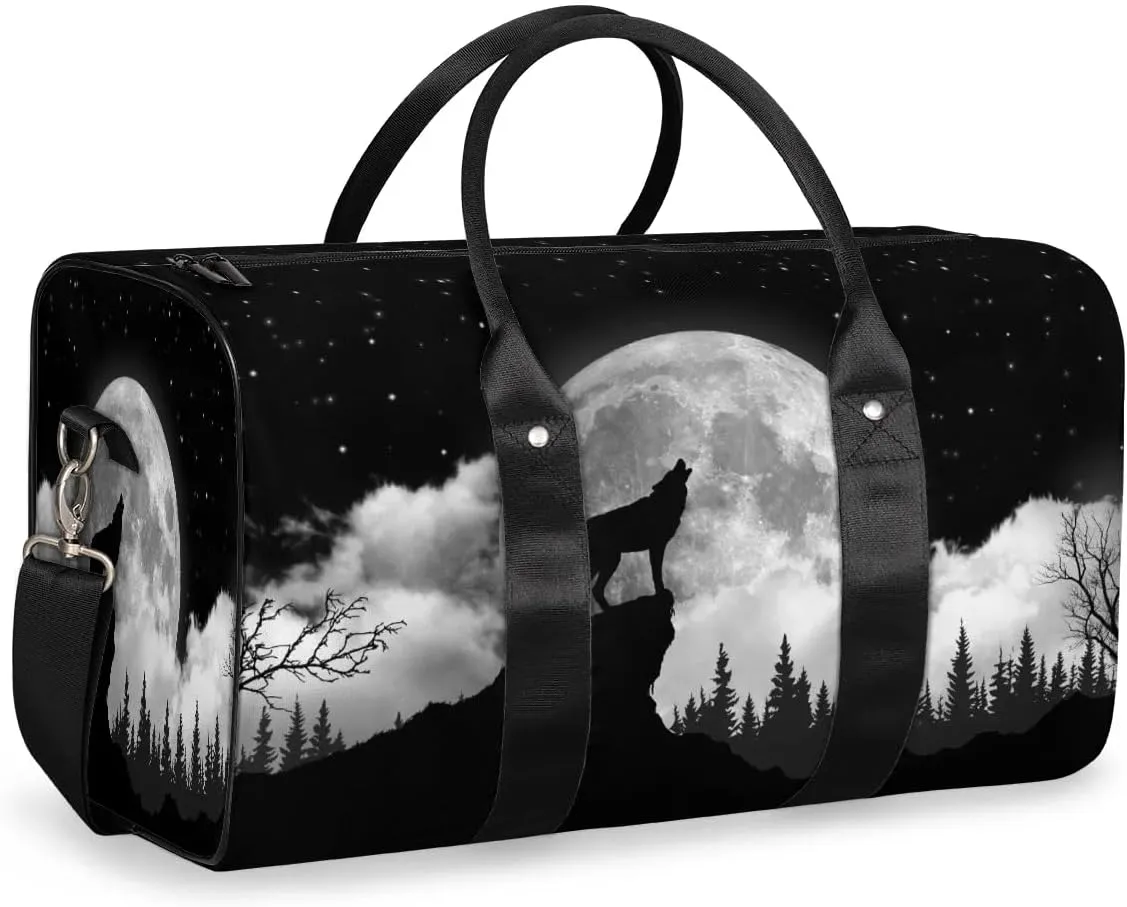 Travel Duffel Bag, Moon Animal Wolf Sports Tote Gym Bag Foldable Weekender Workout Bags Carry on Luggage Handle Overnight Shoulder Bags for Women Men
