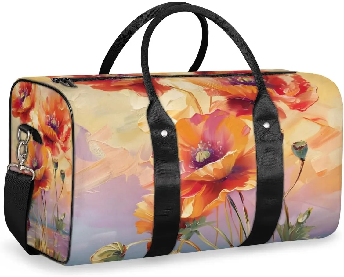 Travel Duffel Bag, Poppy Flower Floral Oil Painting Sports Tote Gym Bag Foldable Western Aztec Weekender Bag Carry on Luggage Handle Bag Overnight Shoulder Bag for Women Men,A-429