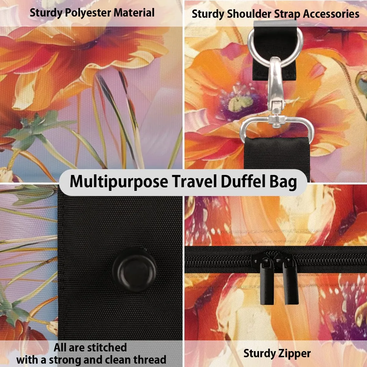 Travel Duffel Bag, Poppy Flower Floral Oil Painting Sports Tote Gym Bag Foldable Western Aztec Weekender Bag Carry on Luggage Handle Bag Overnight Shoulder Bag for Women Men,A-429