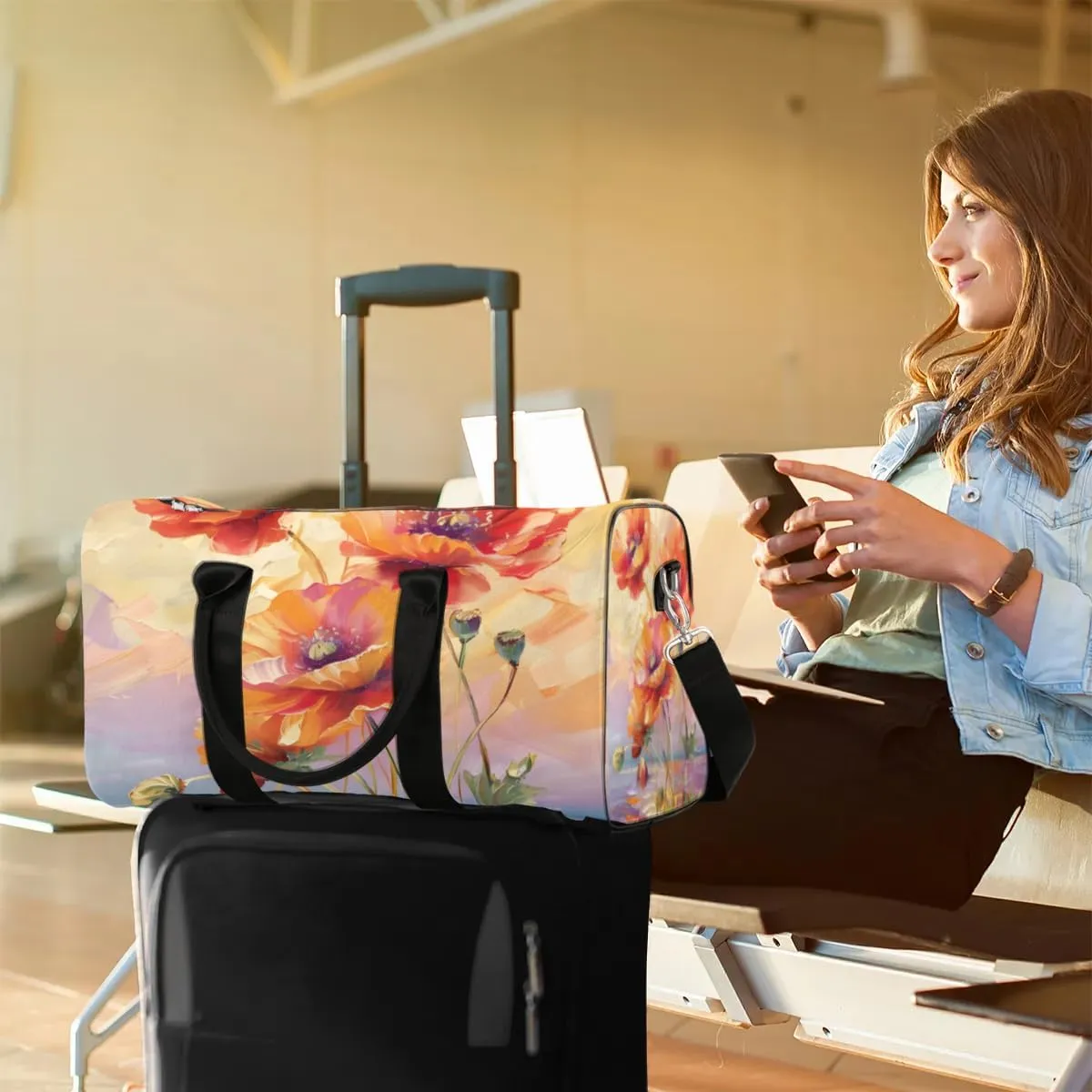 Travel Duffel Bag, Poppy Flower Floral Oil Painting Sports Tote Gym Bag Foldable Western Aztec Weekender Bag Carry on Luggage Handle Bag Overnight Shoulder Bag for Women Men,A-429
