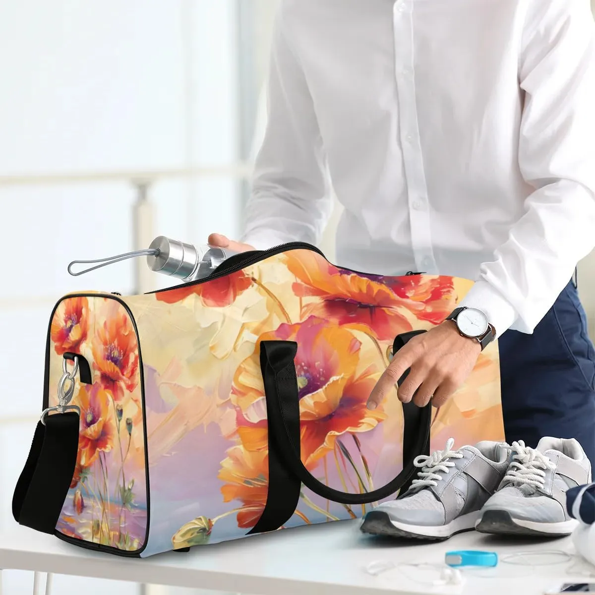 Travel Duffel Bag, Poppy Flower Floral Oil Painting Sports Tote Gym Bag Foldable Western Aztec Weekender Bag Carry on Luggage Handle Bag Overnight Shoulder Bag for Women Men,A-429