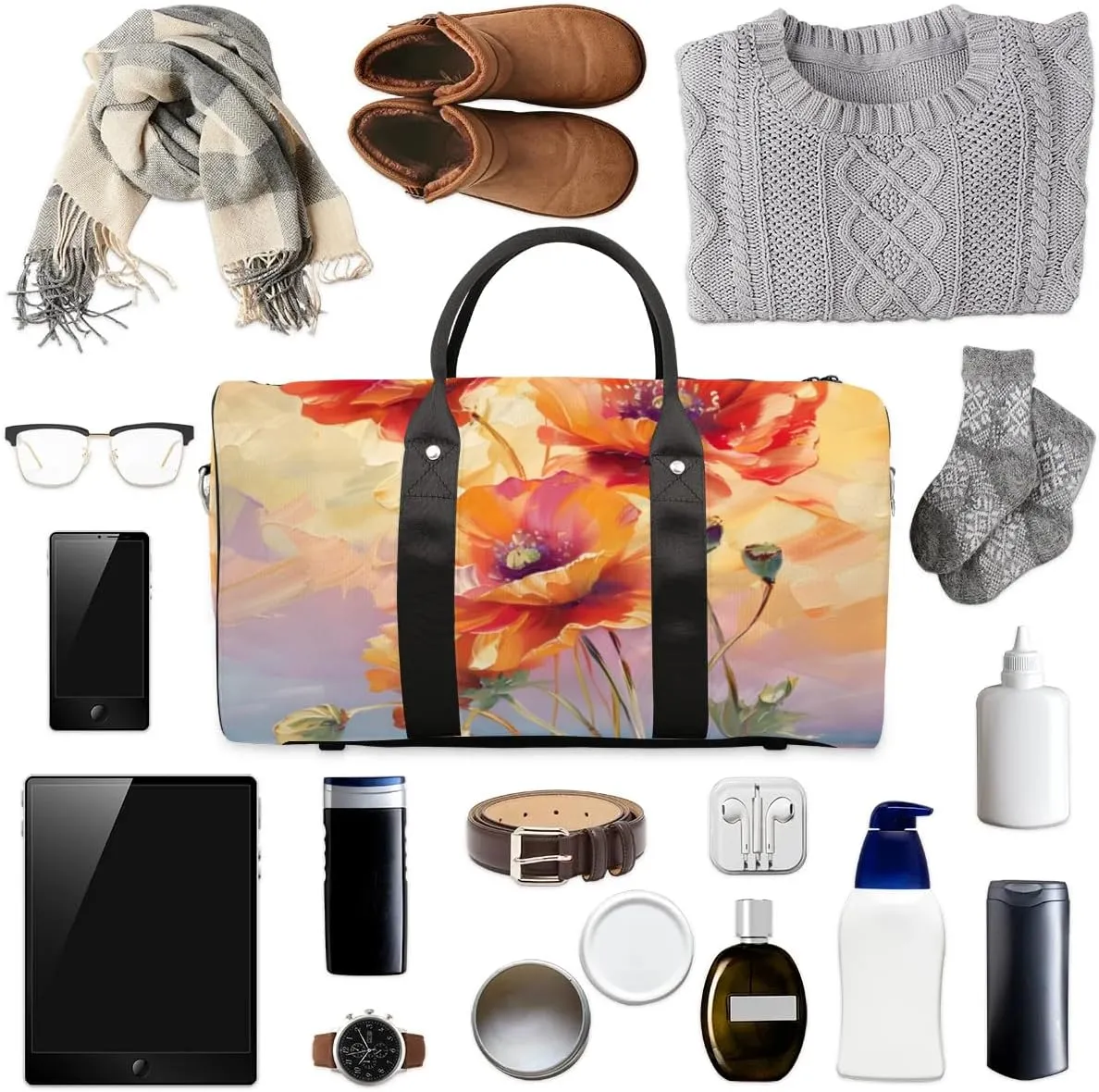 Travel Duffel Bag, Poppy Flower Floral Oil Painting Sports Tote Gym Bag Foldable Western Aztec Weekender Bag Carry on Luggage Handle Bag Overnight Shoulder Bag for Women Men,A-429