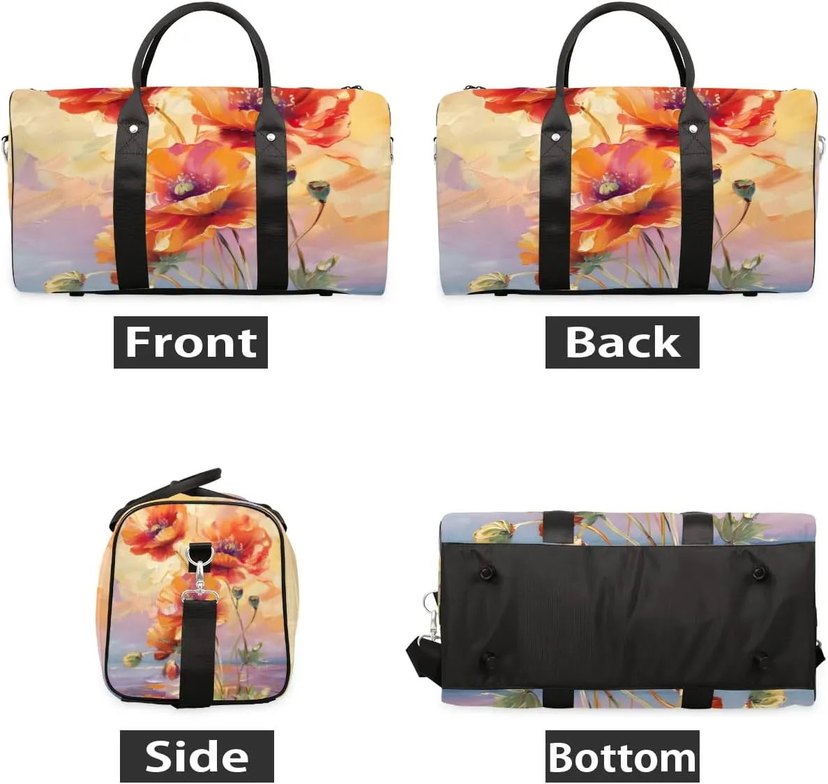 Travel Duffel Bag, Poppy Flower Floral Oil Painting Sports Tote Gym Bag Foldable Western Aztec Weekender Bag Carry on Luggage Handle Bag Overnight Shoulder Bag for Women Men,A-429