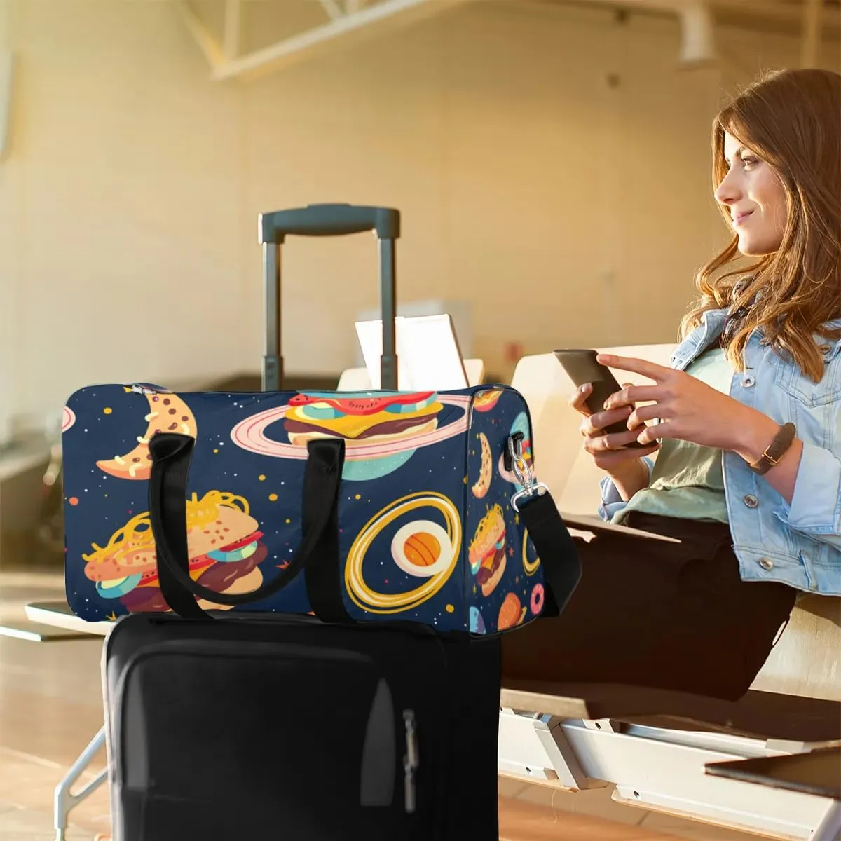 Travel Duffel Bag, Universe Cartoon Hamburger Planet Sports Tote Gym Bag Foldable Western Aztec Weekender Bag Carry on Luggage Handle Bag Overnight Shoulder Bag for Women Men,A-1028