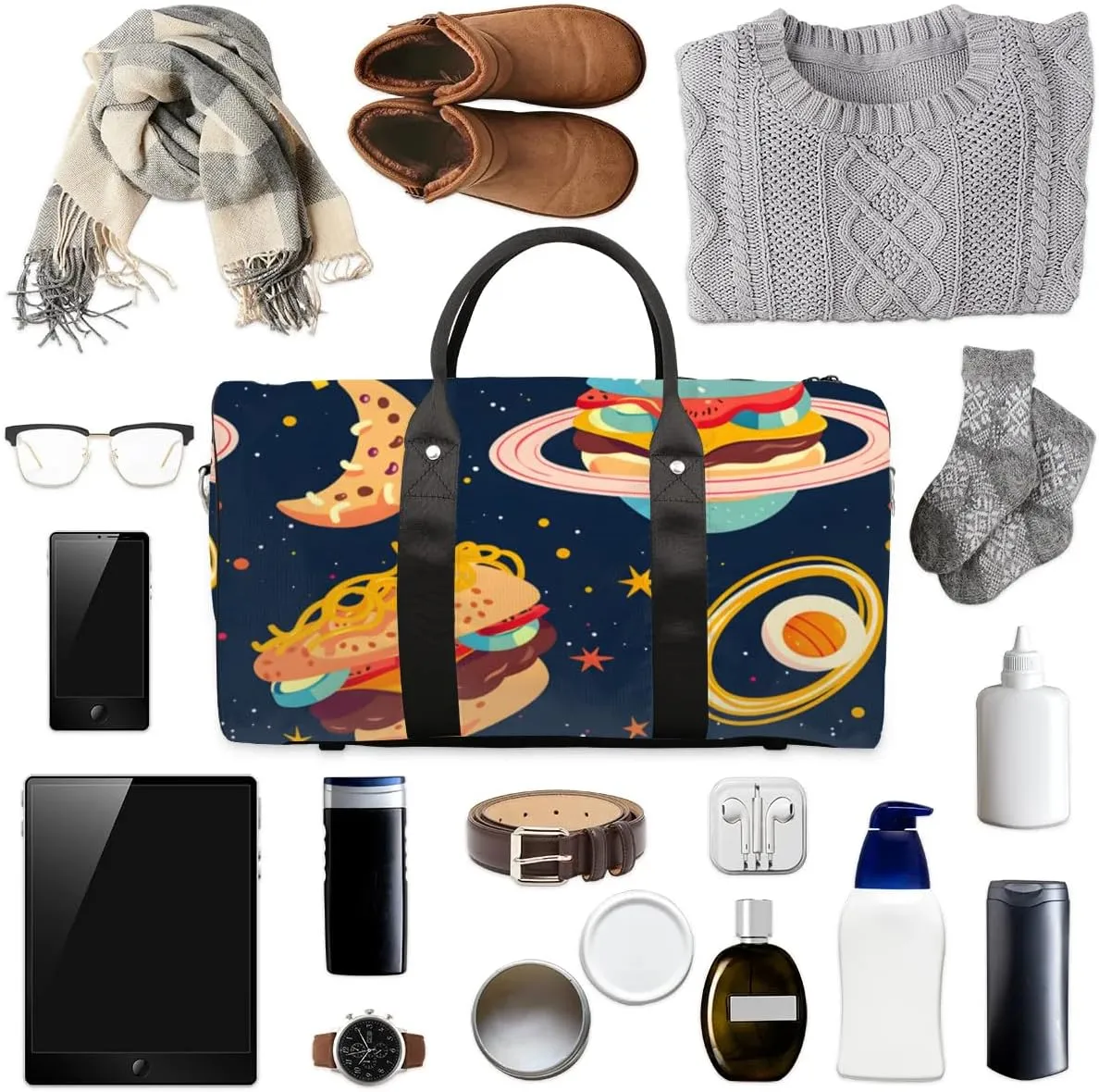 Travel Duffel Bag, Universe Cartoon Hamburger Planet Sports Tote Gym Bag Foldable Western Aztec Weekender Bag Carry on Luggage Handle Bag Overnight Shoulder Bag for Women Men,A-1028