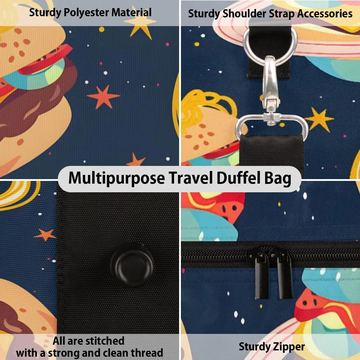 Travel Duffel Bag, Universe Cartoon Hamburger Planet Sports Tote Gym Bag Foldable Western Aztec Weekender Bag Carry on Luggage Handle Bag Overnight Shoulder Bag for Women Men,A-1028