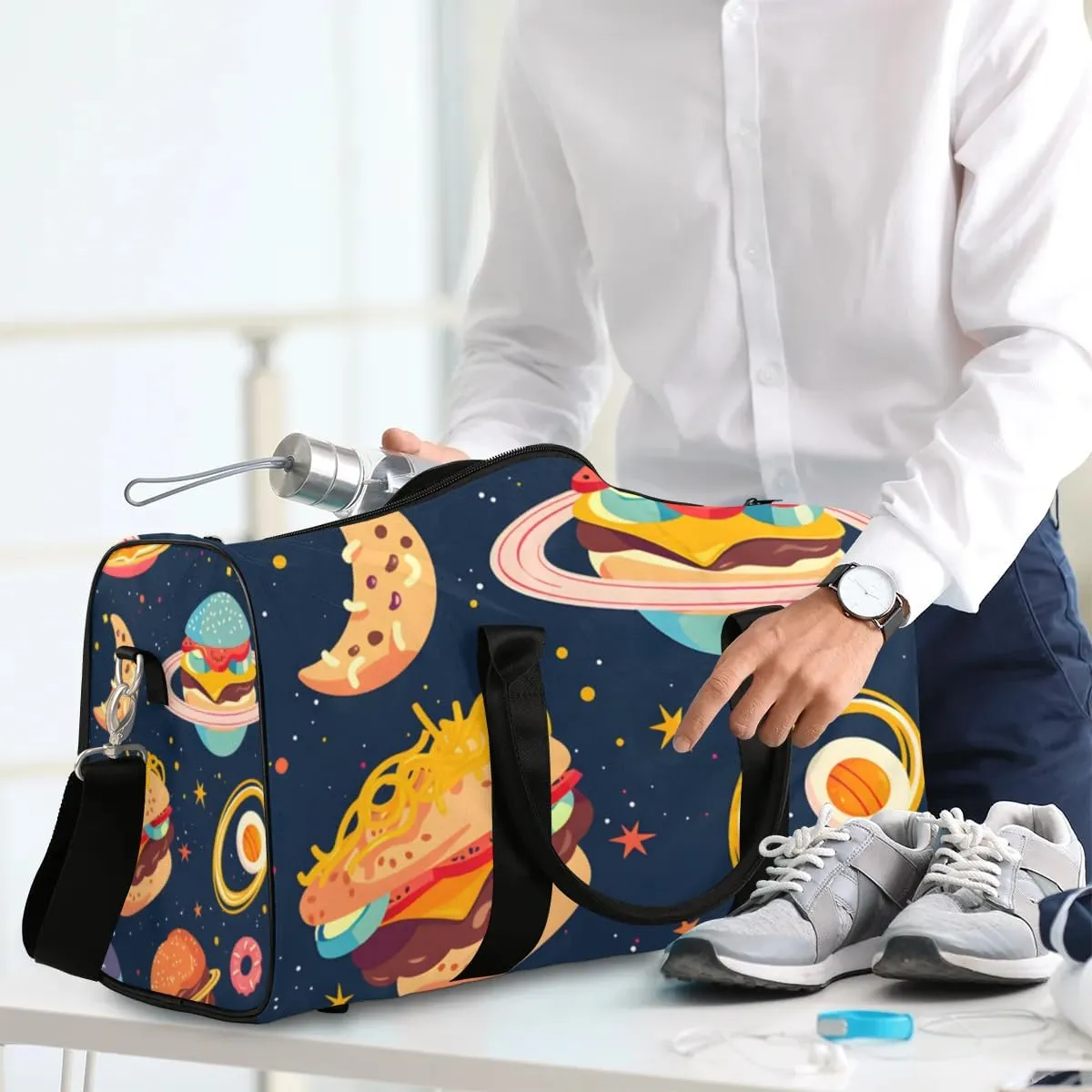 Travel Duffel Bag, Universe Cartoon Hamburger Planet Sports Tote Gym Bag Foldable Western Aztec Weekender Bag Carry on Luggage Handle Bag Overnight Shoulder Bag for Women Men,A-1028