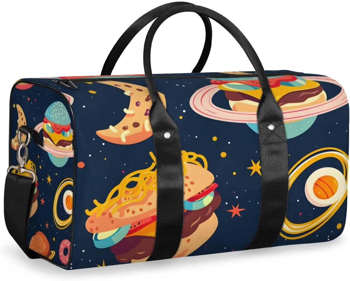 Travel Duffel Bag, Universe Cartoon Hamburger Planet Sports Tote Gym Bag Foldable Western Aztec Weekender Bag Carry on Luggage Handle Bag Overnight Shoulder Bag for Women Men,A-1028