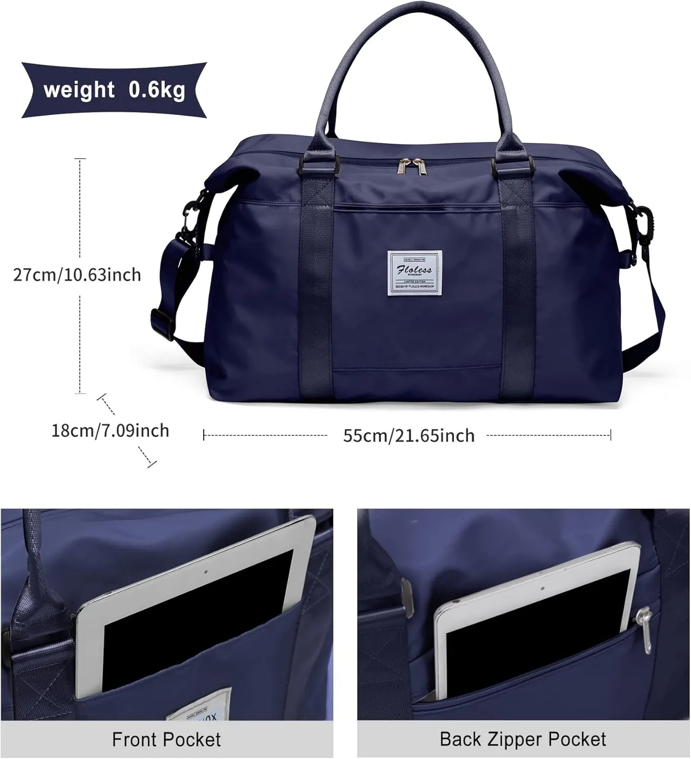 Travel Duffel Bag with Toiletry Bag, Sports Tote Gym Bag, Shoulder Weekender Overnight Bag for Women，Dark Blue