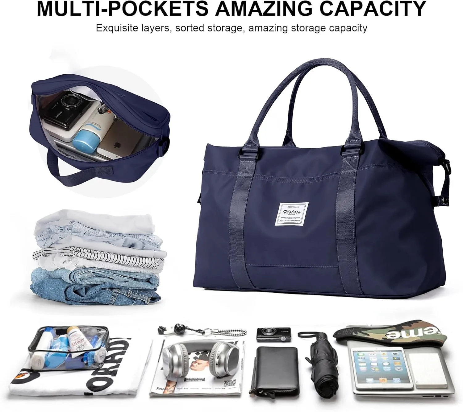 Travel Duffel Bag with Toiletry Bag, Sports Tote Gym Bag, Shoulder Weekender Overnight Bag for Women，Dark Blue