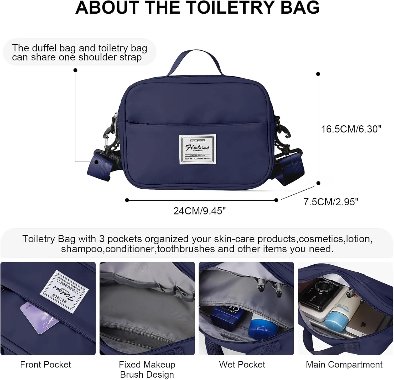 Travel Duffel Bag with Toiletry Bag, Sports Tote Gym Bag, Shoulder Weekender Overnight Bag for Women，Dark Blue