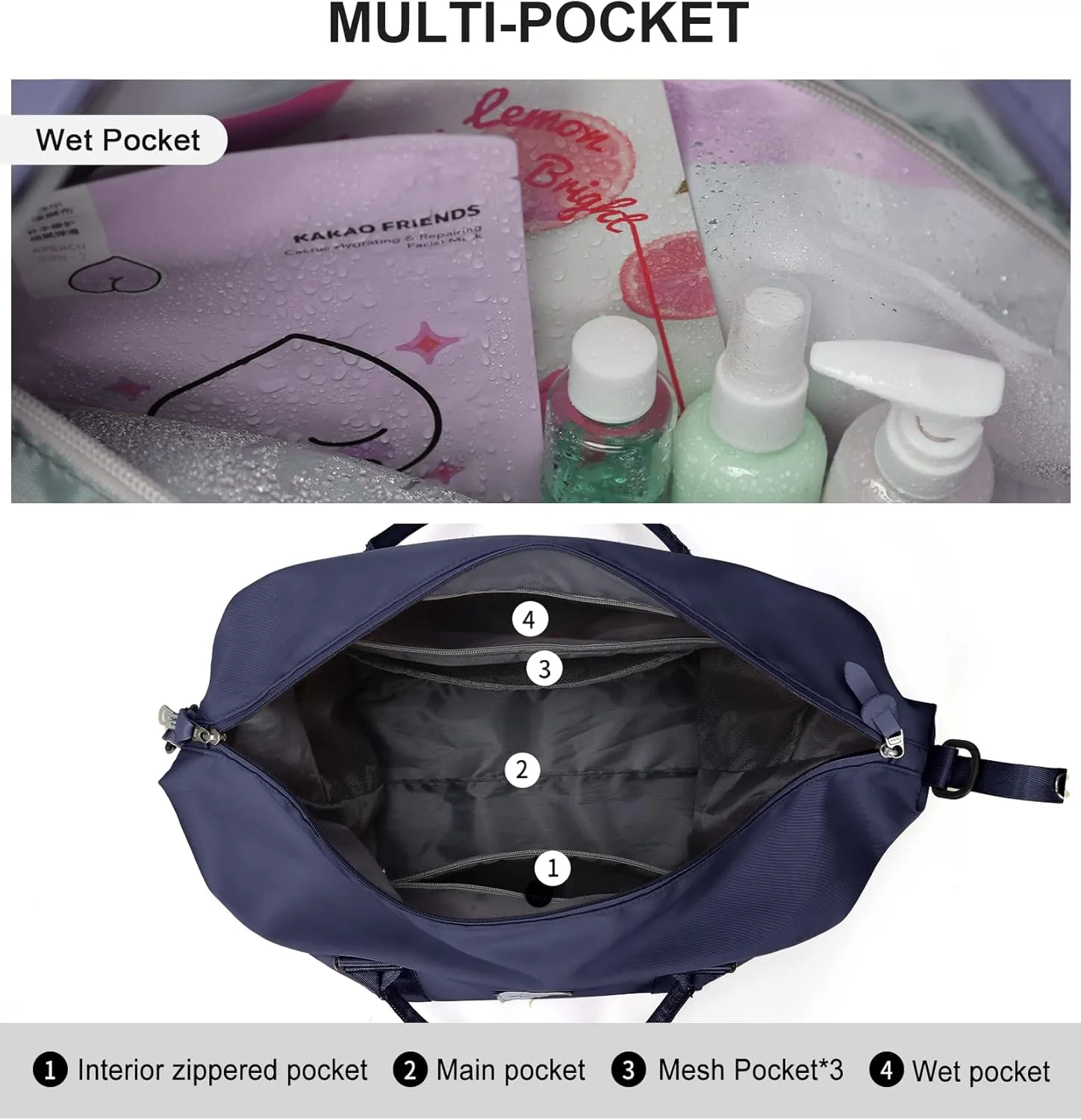 Travel Duffel Bag with Toiletry Bag, Sports Tote Gym Bag, Shoulder Weekender Overnight Bag for Women，Dark Blue