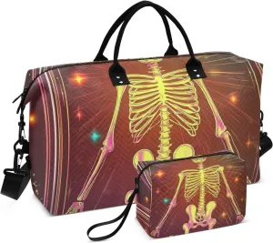 Travel Duffel Bags Carry On Shoulder Weekend Tote Workout Bag with Adjustable Strap for Business Trips 2 Pcs Set Mexican Skeleton Neon Mystery Tarot Cards