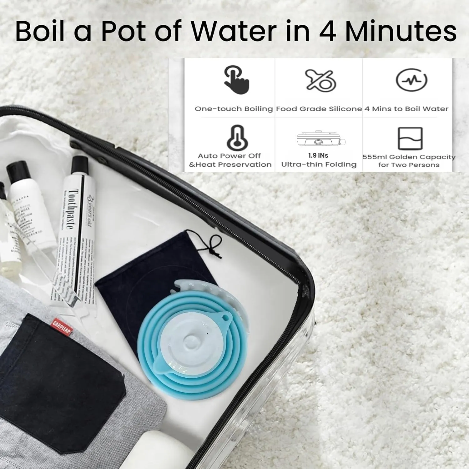 Travel Electric Kettle Small, Portable Travel Kettle Electric, Collpasible Electric Kettle, Food Grade Silicone Tea Kettle, Ultra-thin Foldable, Auto Shut off and Keep Warm, 110V 555ml (Blue)