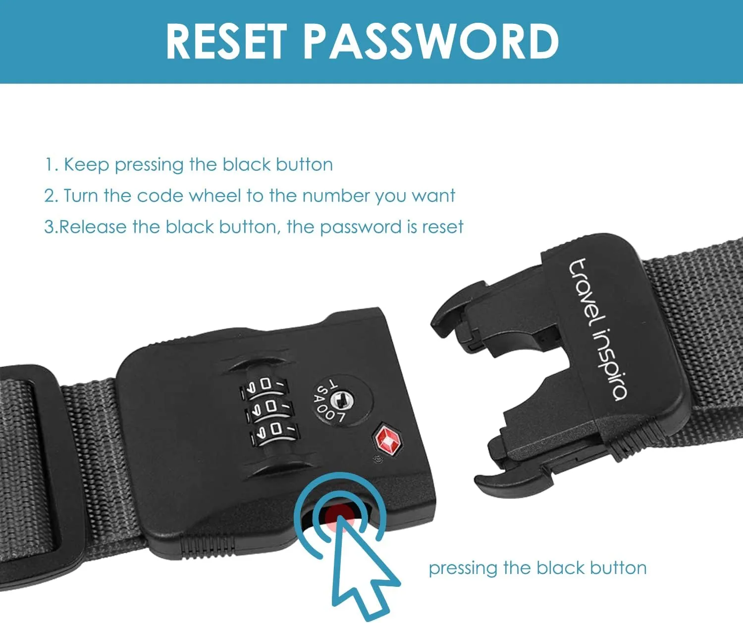 Travel Inspira Luggage Strap with TSA Combination Lock - Adjustable, Easy to Use, Protect Your Luggage, Black