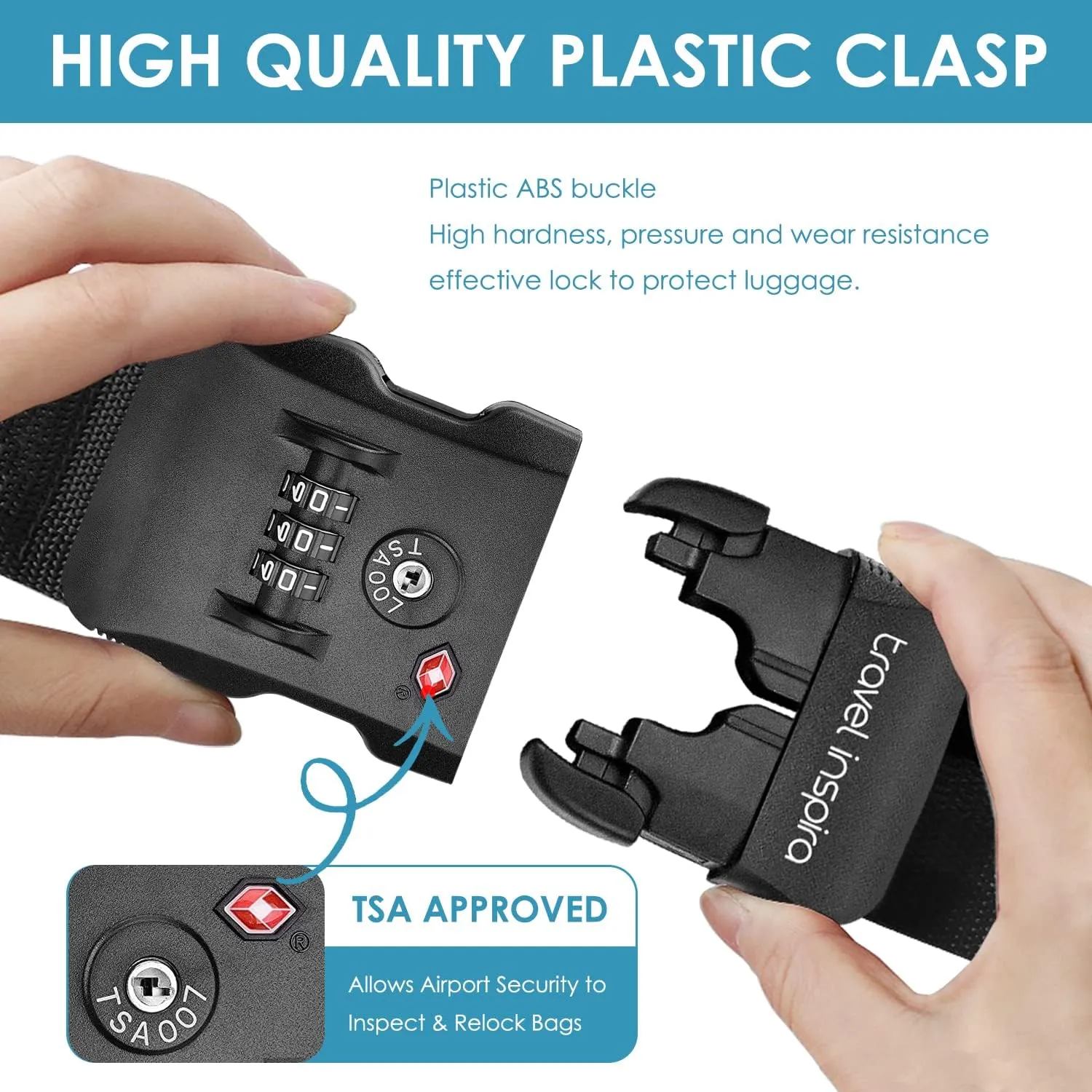 Travel Inspira Luggage Strap with TSA Combination Lock - Adjustable, Easy to Use, Protect Your Luggage, Black