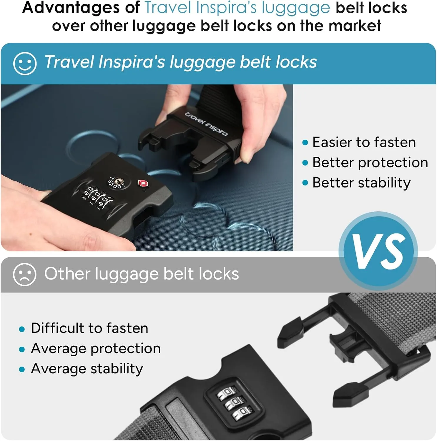 Travel Inspira Luggage Strap with TSA Combination Lock - Adjustable, Easy to Use, Protect Your Luggage, Black