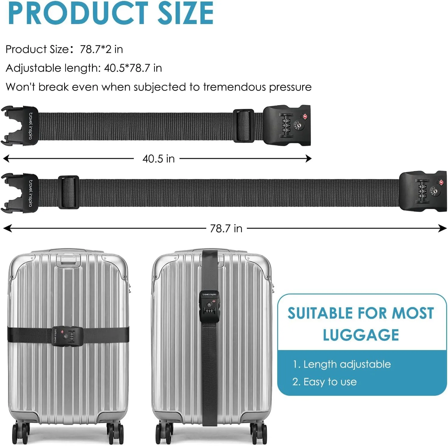 Travel Inspira Luggage Strap with TSA Combination Lock - Adjustable, Easy to Use, Protect Your Luggage, Black