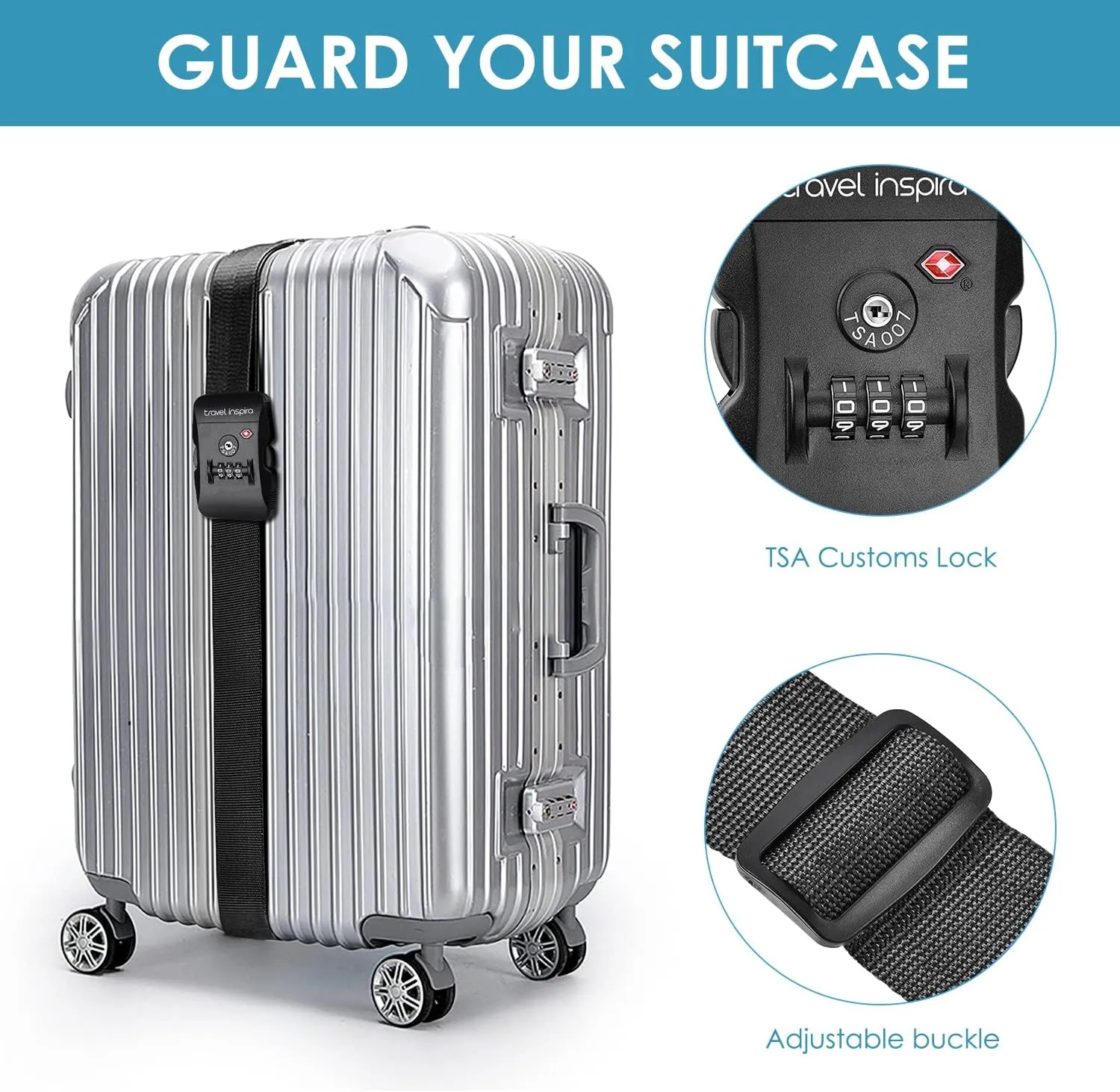 Travel Inspira Luggage Strap with TSA Combination Lock - Adjustable, Easy to Use, Protect Your Luggage, Black