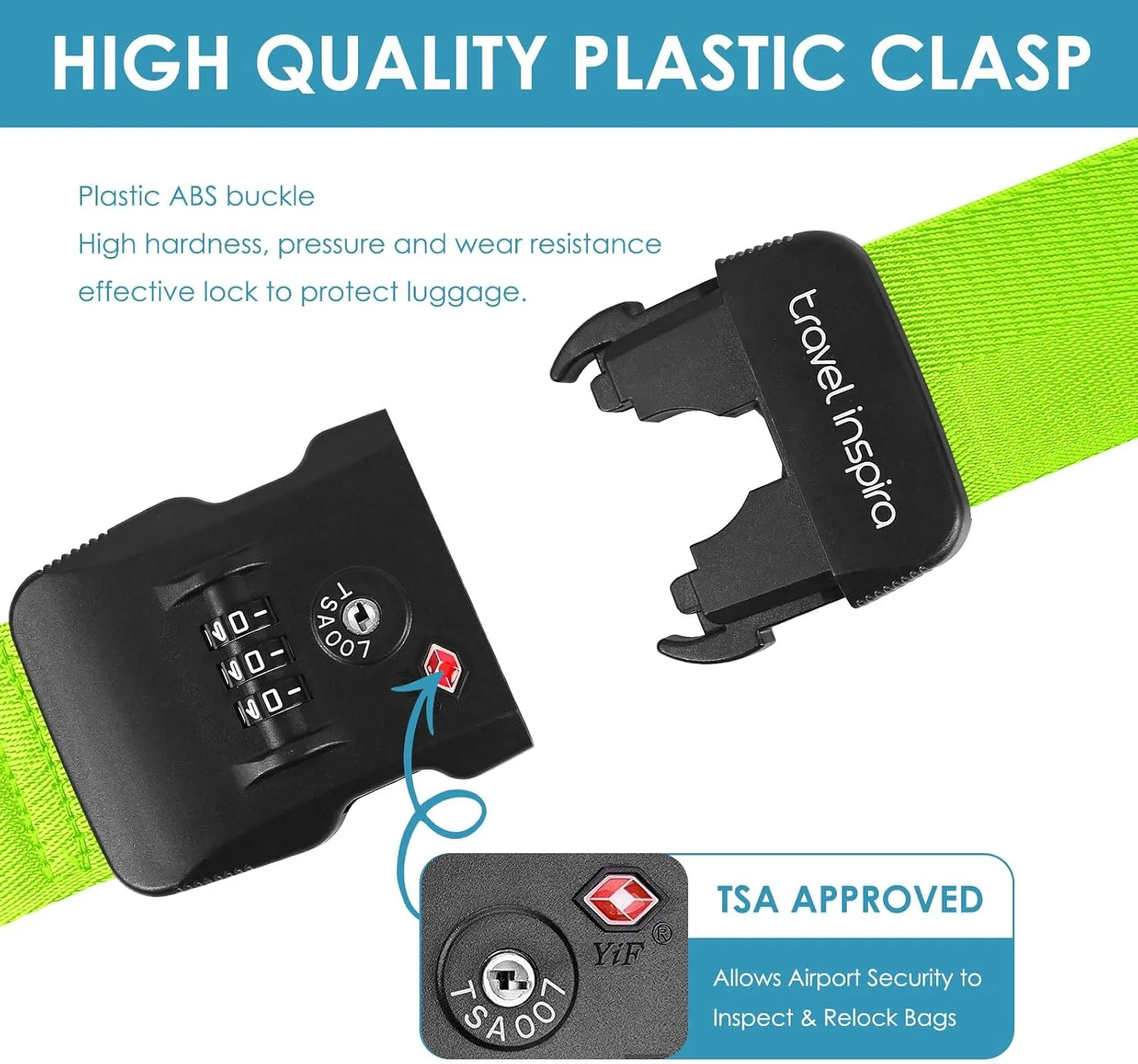 Travel Inspira Luggage Straps with TSA Combination Lock - Adjustable, Easy to Use, Protect Your Luggage, Fluorescent Green