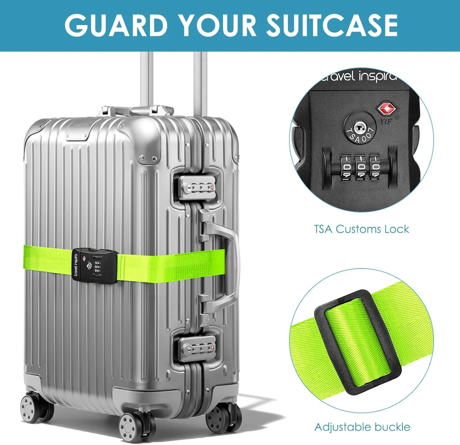 Travel Inspira Luggage Straps with TSA Combination Lock - Adjustable, Easy to Use, Protect Your Luggage, Fluorescent Green