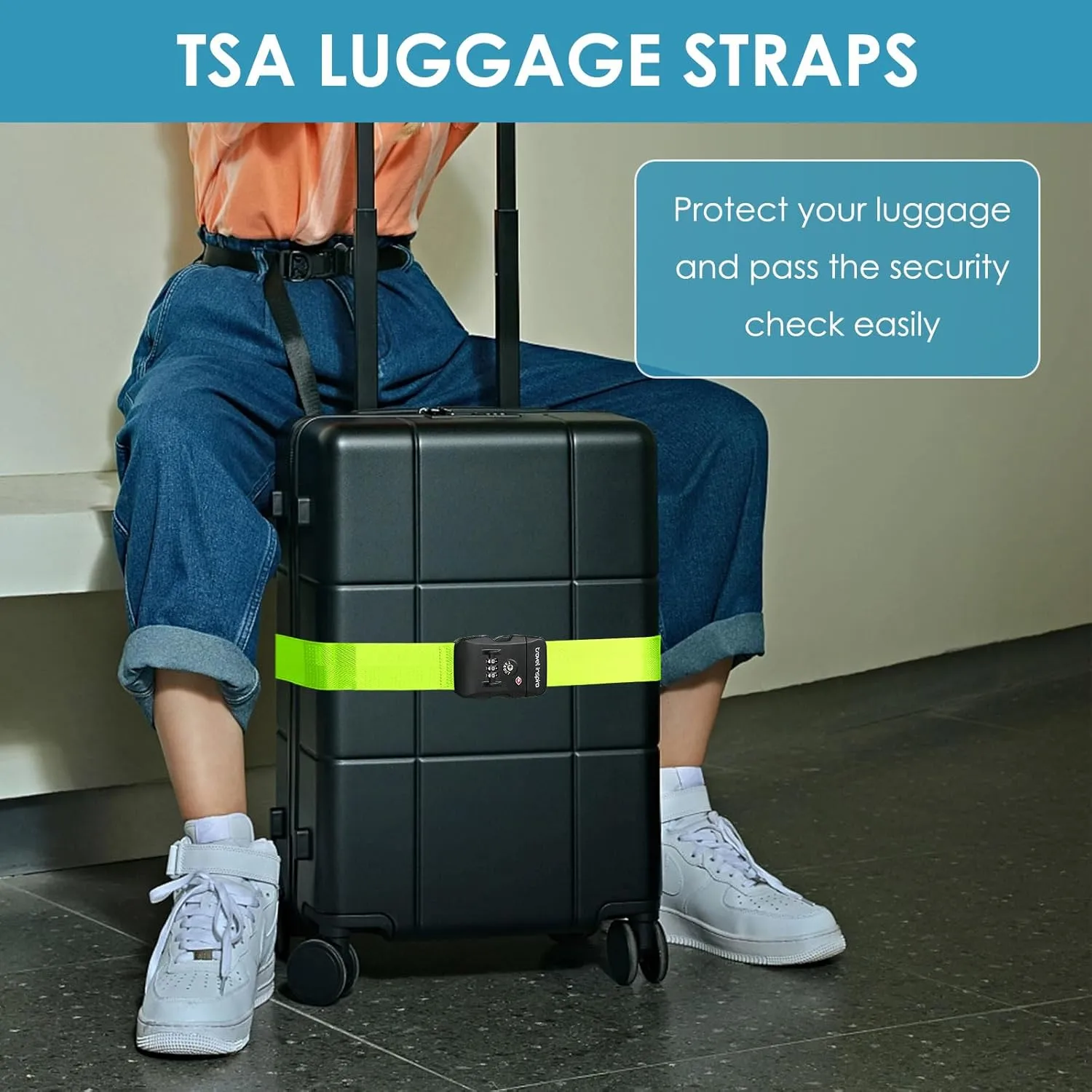 Travel Inspira Luggage Straps with TSA Combination Lock - Adjustable, Easy to Use, Protect Your Luggage, Fluorescent Green