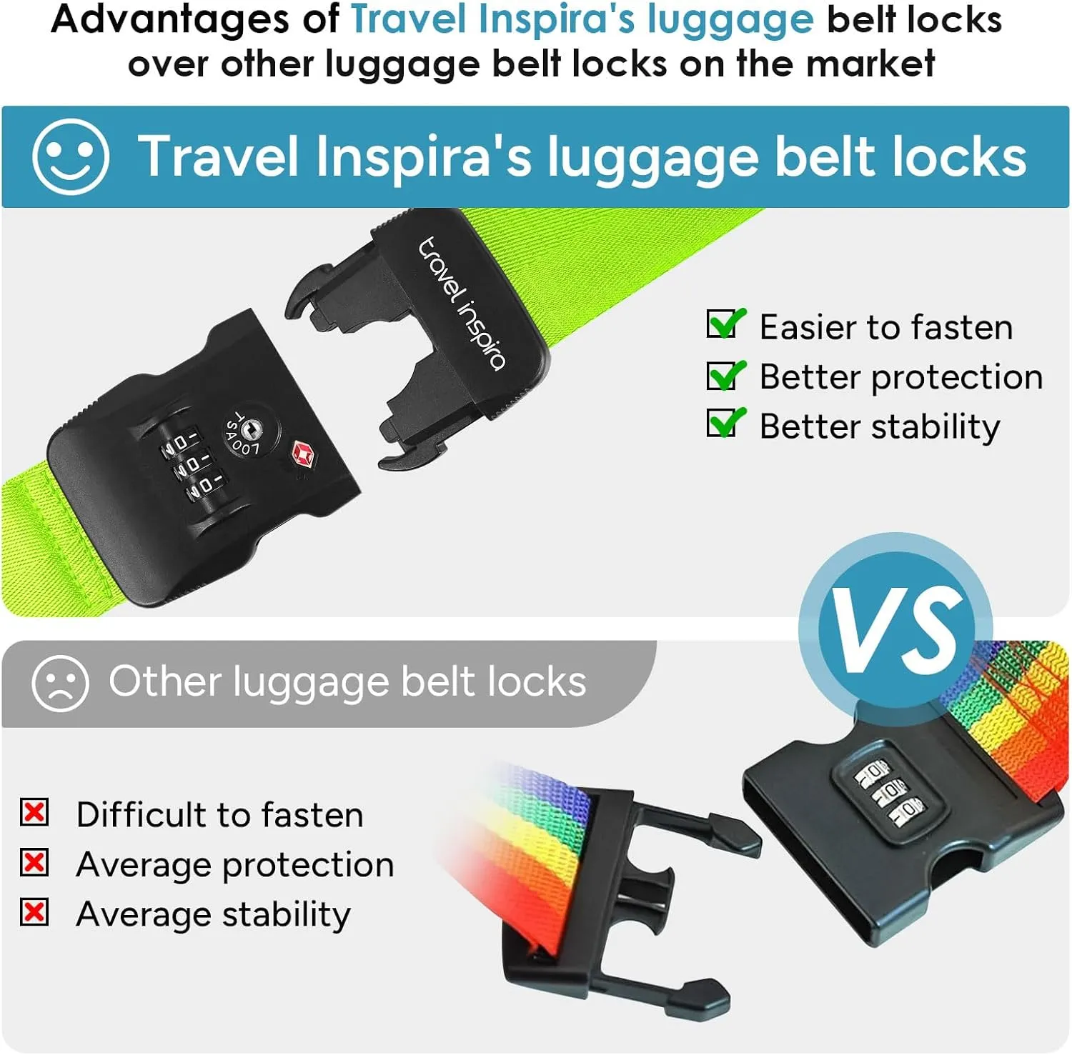 Travel Inspira Luggage Straps with TSA Combination Lock - Adjustable, Easy to Use, Protect Your Luggage, Fluorescent Green