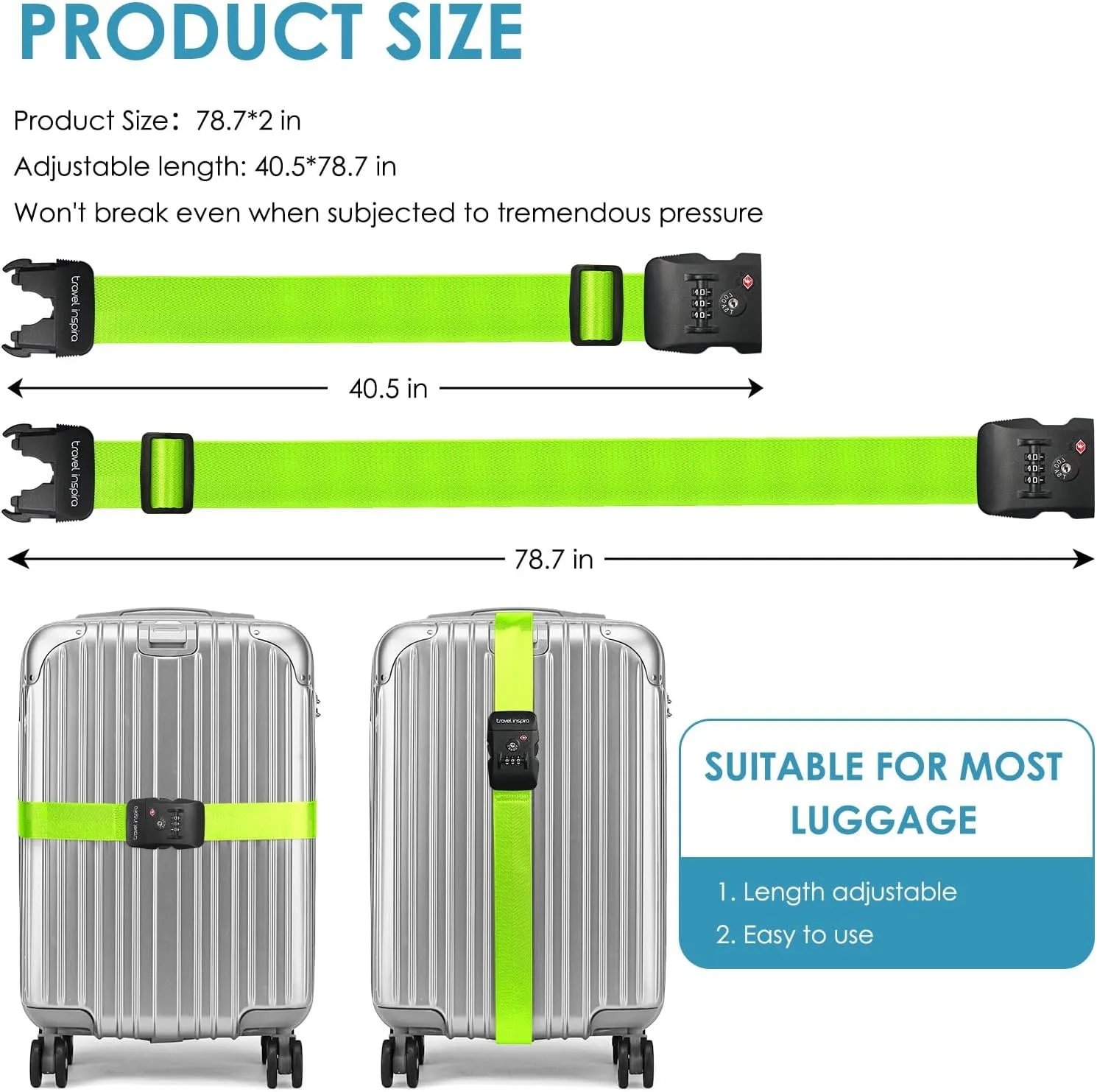Travel Inspira Luggage Straps with TSA Combination Lock - Adjustable, Easy to Use, Protect Your Luggage, Fluorescent Green