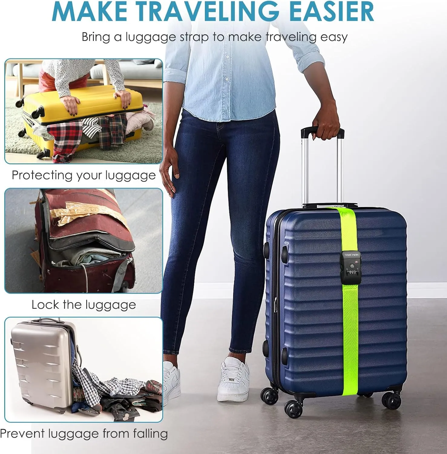 Travel Inspira Luggage Straps with TSA Combination Lock - Adjustable, Easy to Use, Protect Your Luggage, Fluorescent Green