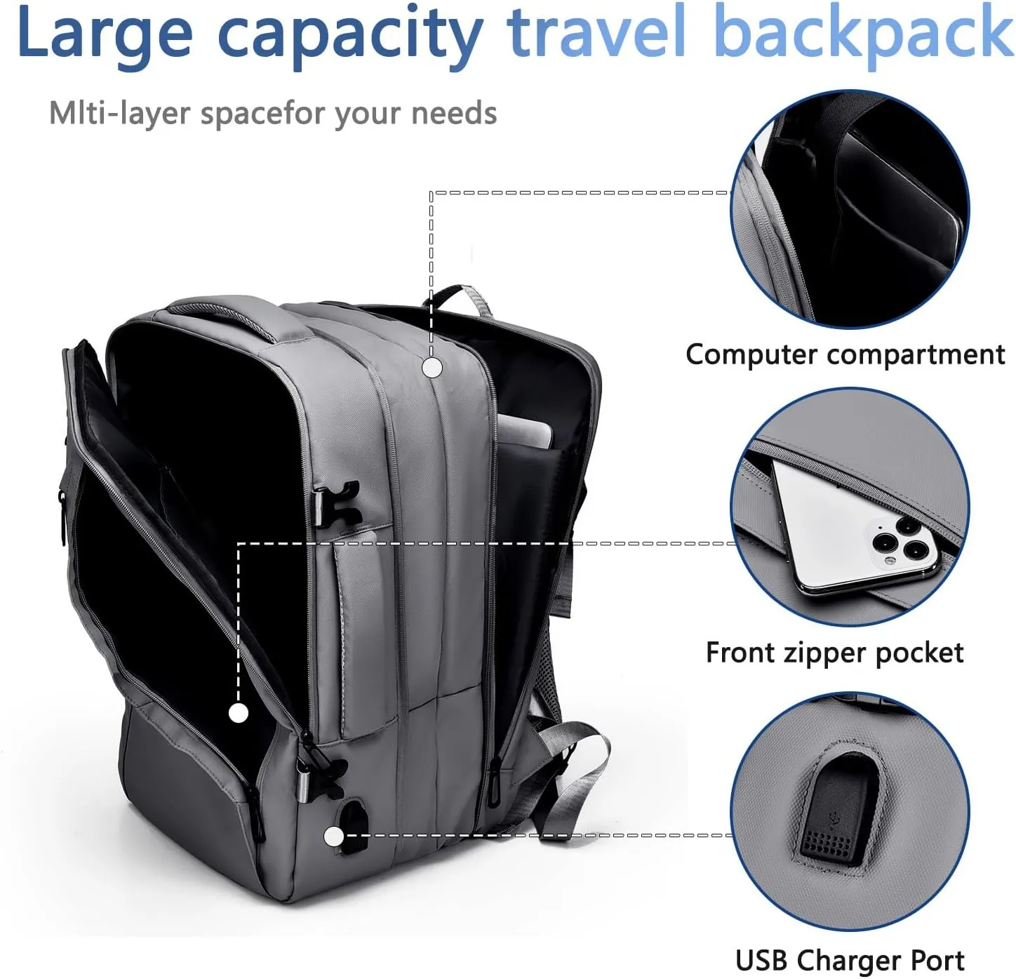 Travel laptop Backpack For Women Airline Approved, Carry On Backpack for 16 inch laptop with shoe compartment (grey)