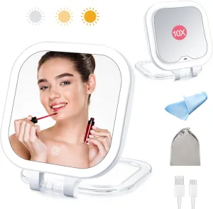 Travel Makeup Mirror with Lights and Magnification, Rechargeable Large Lighted Beauty Mirror with 3 Color, Portable 1x/10x Magnifying Vanity Mirror, Double Sided Led Folding Compact Mirror,Dimmable