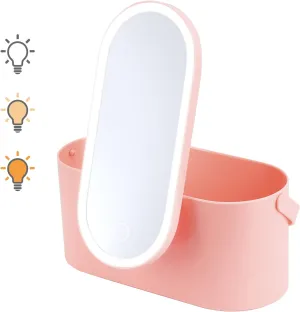 Travel Makeup Organizer Box with Mirror,Portable Cosmetic Case with 3 Colors Dimmable LED Lighting Pink Multi-Purpose Makeup Storage Train Box Mirror for Women Travel or Home(Pink)