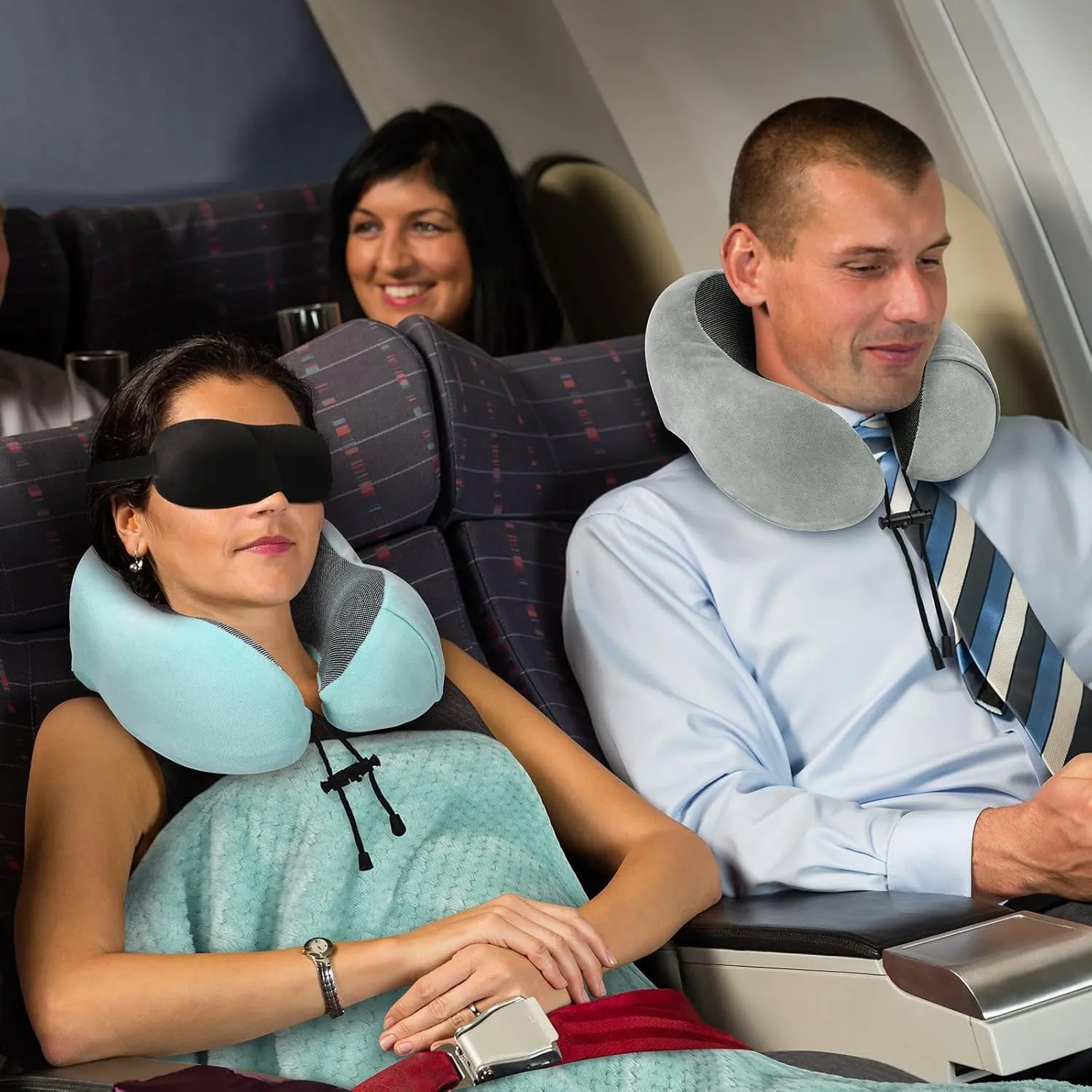 Travel Pillow and Blanket Set Neck Pillow Airplane Memory Foam for Traveling Compact with Bag Blue Green